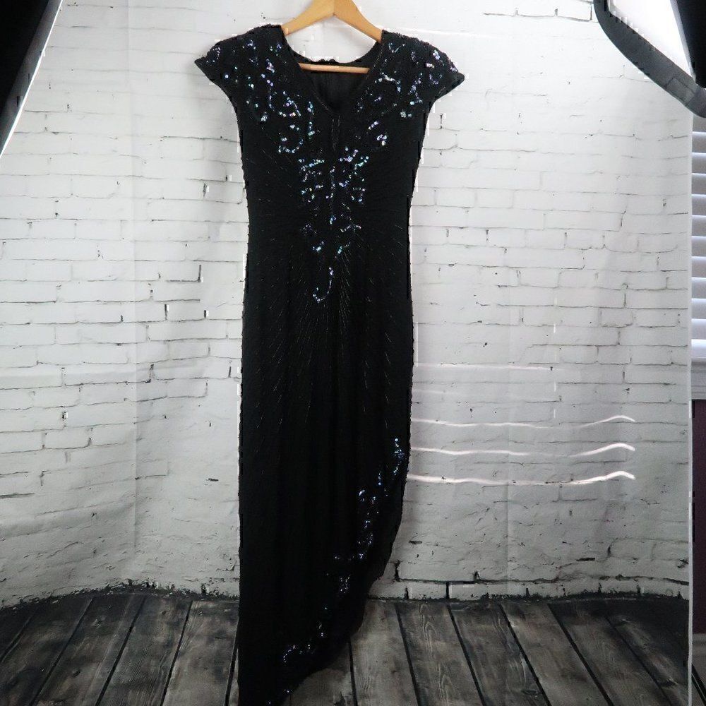 VINTAGE BLACK SEQUIN AND BEADED CAP SLEEVE V NECK GOWN UNIQUE HEMLINE